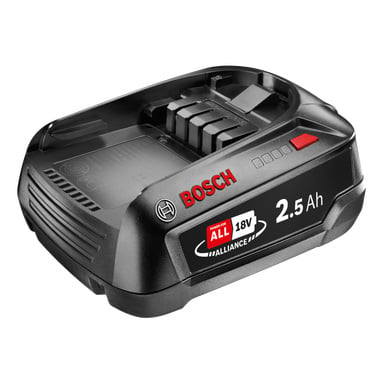 Svart Bosch 18V 2,5Ah litiumjonbatteripaket med röda/vita etiketter, en röd knapp och specifikationer visas på toppen och sidan.