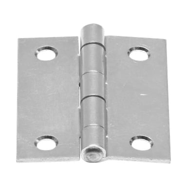 Eine Nahaufnahme des Hard Head Hinge 2 Packs zeigt ein silbernes Metalltürscharnier mit vier Schraublöchern, jeweils zwei auf jeder Platte.