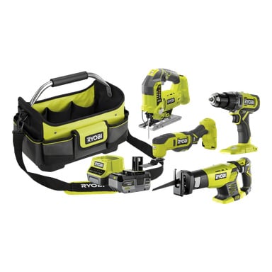 Ryobi One+ Verktygspaket RCK184H-140T innehåller sju delar: en svart och grön verktygsväska, sladdlös borrmaskin, sticksåg, bajonsåg, batteri och laddare, alla arrangerade tillsammans.