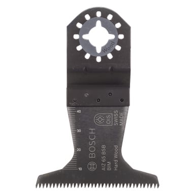 Ett Bosch Pro Saws AIZ 65 BSB multiverktygsblad för att skära hårdträ, med svart finish, millimetermarkeringar, tandad egg och stjärnformat monteringshål upptill.