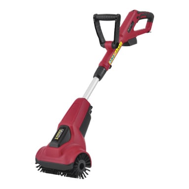 En röd och svart Meec Tools Multiseries batteridriven uteplatsrengörare PW-18V HOME 530, utrustad med roterande borsthuvud, teleskopiskt handtag och ergonomiskt grepp.