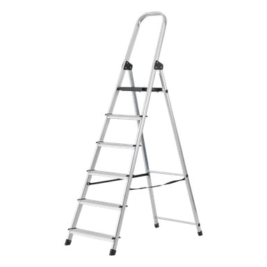 Hard Head Step-stegen har en silverfärgad metallfinish, fem trappsteg, svarta gummifötter för grepp och ett böjt handtag högst upp. Stegen är avbildad helt öppen och står upprätt.