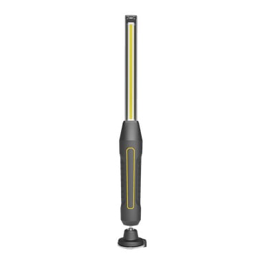 Anslut Rechargeable arbetslampa är en svart handhållen LED-enhet med gul rand, en cylindrisk transparent topp och en magnetisk bas för enkel montering, som visas stående upprätt.