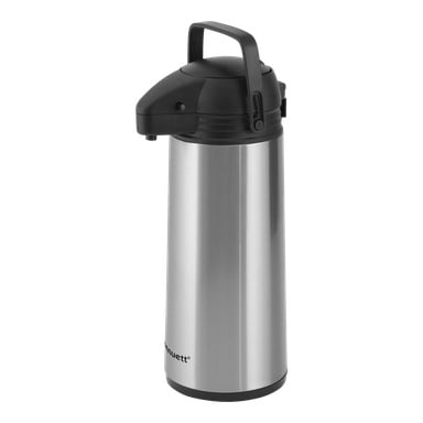 En pumptermos i rostfritt stål från Menuett med svart plastlock, handtag och pip för att hälla upp varma drycker; en del av Menuett-logotypen finns på sidan i svarta bokstäver.