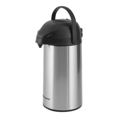En pumptermos i rostfritt stål med svart handtag och lock, skapad av Menuett för att servera varma drycker som kaffe eller te. Det finns en genomskinlig pip längst upp för enkel hällning, och Menuett-logotypen syns längst ner.