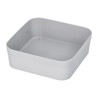 Ein quadratischer, flacher Hard Head Drawer-Einsatz aus grauem Kunststoff mit leicht abgerundeten Ecken und glatten Seiten. Der leere Schubladeneinsatz ist für sich allein dargestellt.