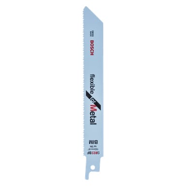 Boschin mäntäsahan terä 2-pakkauksessa metallille, jossa teksti joustava metallille, BIM:lle, 14 TPI:lle, 150mm/6:lle ja S922BF:lle.
