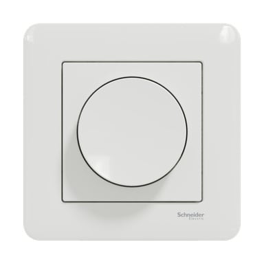 En fyrkantig, vit Dimmer Exxact-brytare från Schneider Electric med en framträdande cirkulär ratt i mitten, installerad på en plan yta. Det lilla varumärket finns i nedre högra hörnet.