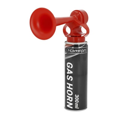 Ett Hamron Gas-horn står upprätt, med ett rött horn kopplat till en metallbehållare.