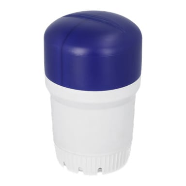 En cylindrisk Kayoba Floating dispenser med vit kropp och mörkblå lock. Basen på dispensern har nosar och ventiler.