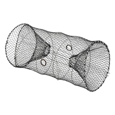 Kayoba kräftfångaren är en cylindrisk trådnätsdesign med trattöppningar i båda ändar och flera cirkulära ringar för stöd.