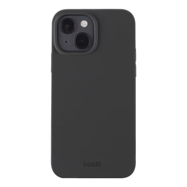 Ett matt mörkgrått Holdit-fodral designat för iPhone 14/13, med en dubbelkamera-utskärning och holdit-logotypen i subtila mörka bokstäver längst ner i mitten av bakpanelen.
