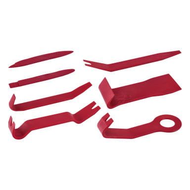 Sju röda plastbräck från Meec Tools, var och en med distinkta former och spetsar. Verktygen inkluderar en blandning av gaffel-, platta och krokiga ändar för att enkelt bända eller ta bort paneler.