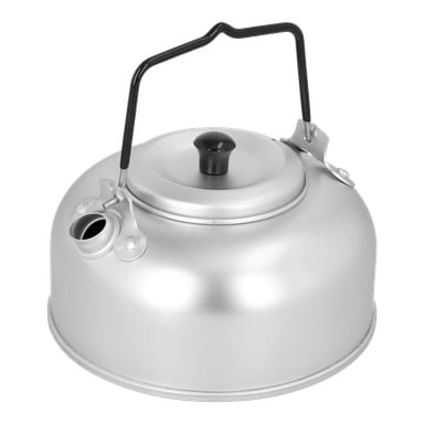 En Kayoba-te- eller kaffekanna med en rundad silvermetallkropp, med ett svart handtag och en svart ratt på locket. Den har en kort pip.