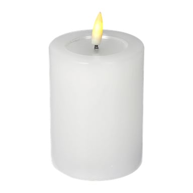 Menuett Pillar Candle med en fladdrande LED-låga står upprätt, ser oanvänd ut och utan vaxdroppar eller ojämnheter.