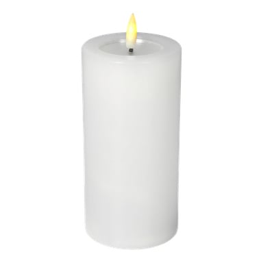 Menuett Pillar Candle med fladdrande LED-låga är ett stort, vitt, cylindriskt ljus.