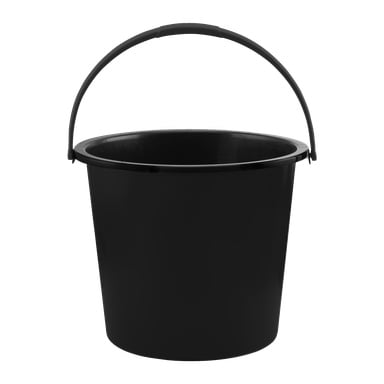 Menuett-hinken är en enkel svart plasthink med en rund öppen topp och ett böjt handtag.