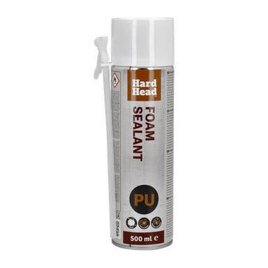 En 500 ml burk Hard Head Jointing skum-PU med vit lock och en fäst applikator, med en mestadels grå etikett accentuerad i brunt och svart med detaljerad produktinformation.