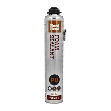 En cylindrisk, hög burk märkt Hard Head Jointing Foam PU rymmer 750 ml. Den är utrustad med ett munstycke upptill och har användningsanvisningar på ena sidan.