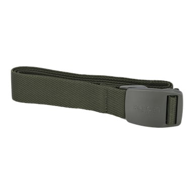 Ett grönt stretchbälte från Kayoba Outdoor, tillverkat av vävd nylon och med ett plastspänne med Kayoba Outdoor-loggan, är prydligt hoprullat.