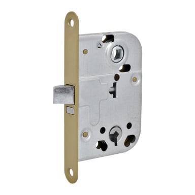 Hard Head Lock-höljet för innerdörren 2014 inkluderar en infällningslåsmekanism, en ansiktsplatta i mässingsfärg och en robust metallkropp. Den är designad med flera skruvhål och har en rektangulär låsbult.