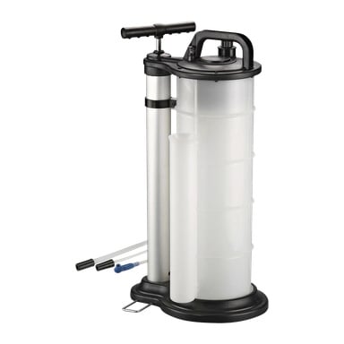Ein Hamron-Öl- und Flüssigkeitsentferner mit geräumigem, klarem zylindrischen Tank, schwarzem Griff und Deckel, integriertem Pumpensystem und flexiblen angeschlossenen Schläuchen für Flüssigkeitsabzug oder -übertragung.