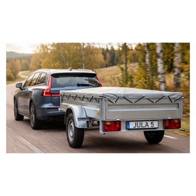 En mörk kombi drar en täckt släpvagn märkt "JULA 5" längs en stenlagd väg kantad av höstträd.