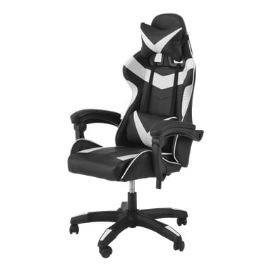 EKVIP Gaming Chair visar upp en elegant svart och vit ergonomisk design inspirerad av racing, utrustad med justerbara armstöd, ett stödjande nackstöd, ländryggsdämpning och en hållbar femhjulsbas för maximal komfort.