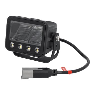 En rektangulär svart Hamron Work-lampa med LED-varningsfunktion, som visade fyra LED-lampor horisontellt uppradade och fästa vid ett monteringsfäste. En kabel sträcker sig från ena sidan och slutar i en silverkontakt märkt DC-9.