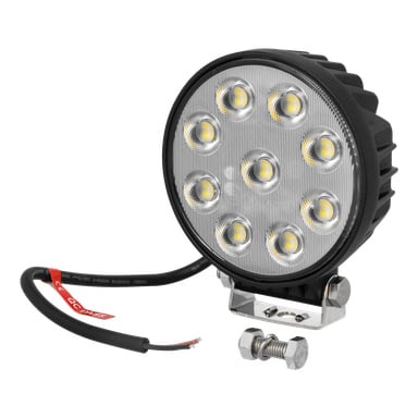 Hamron LED-arbetslampa designad för permanent montering, utrustad med nio lysdioder och ett slitstarkt metallfäste. Förmonterad ledning är synlig, med en separat bult och mutter placerad bredvid lampan. Det svarta höljet har ett räfflat mönster för att förbättra värmeavledningen.