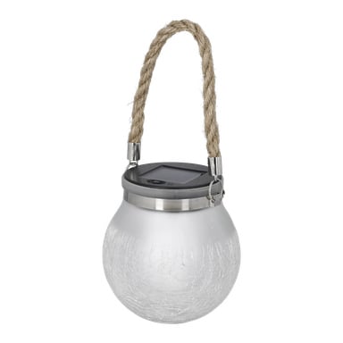 Anslut solcellelys LED er en rund lykt med mattert, sprukket glass, metallkant, et solcellepanel på toppen og tykke tauhåndtak på hver side.