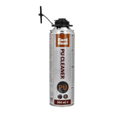 En 500 ml silverfärgad Hard Head PU-rengöringsburk med svart lock, ett integrerat rengöringsverktyg och den orange Hard Head-loggan. Etiketten innehåller olika säkerhets- och användningsikoner.