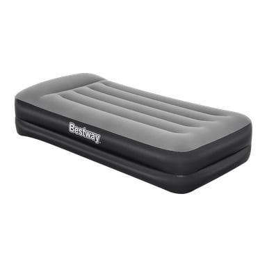 Bestway Inflatable madrass med inbyggd pump Twin har en grå och svart färgschema, en upphöjd kant och en räfflad yta.