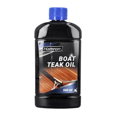 En svart 500 ml Hamron Teak Oil till båtflaska med blå kork. Etiketten visar en bild av teakträdäck och rep, med produktnamn, märke "Hamron" och volymen angivet till 500 ml.