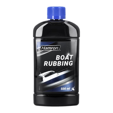 En svart plastflaska på 500 ml med blå kork, märkt Hamron Boat Rubbing och med en båtillustration på framsidan.