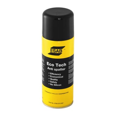 En gul og svart aerosolboks merket "ESAB Welding spray Eco Tech" viser ESAB-logoen øverst og fremhever dens effektive, økonomiske, høykvalitets, trygge og silikonfrie egenskaper.