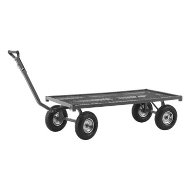 Hard Head Transport-vagnen är en robust metallflakvagn med nätyta, utrustad med fyra stora gummihjul och ett utdraget draghandtag. Vagnen visas som tom.