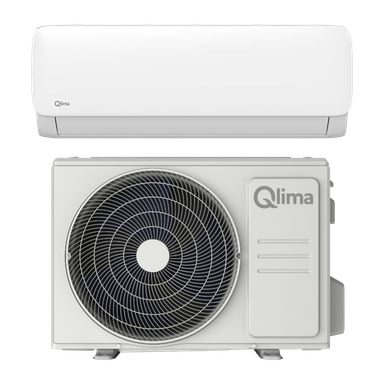 En vit Qlima Air S-JA 3523 väggmonterad värmepump är placerad ovanför dess koordinerande utomhuskondensatorenhet, båda med Qlima-logotypen.
