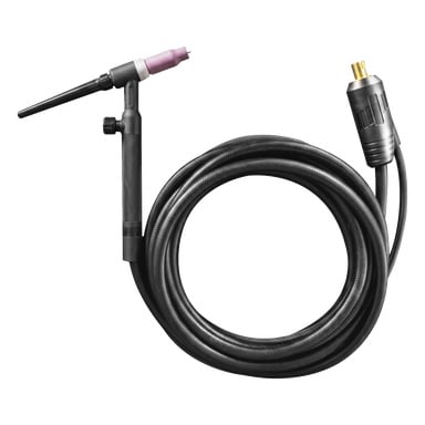 Ett Stanley TIG-brännarset med en svart brännare och ett rosa keramiskt munstycke, kopplat till en lång svart kabel och avslutat med en mässingskontakt.