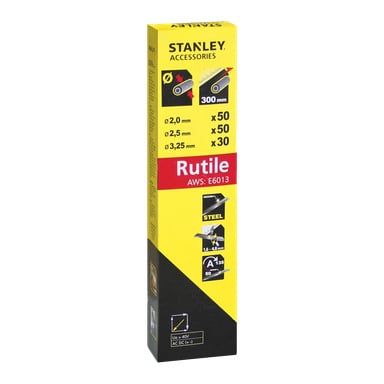 En gul og svart Stanley Electrode-settboks med 130 deler, som viser bilder av sveisestaver, applikasjonsikoner og detaljert informasjon om størrelser og mengder trykt i svart og rødt på emballasjen.