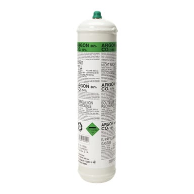Awelco-argon och koldioxidgas är förpackat i en vit cylinder med grön lock, märkt som en blandning med 86 % argon och 14 % CO2. Framsidan har instruktioner och varningar, och cylindern är markerad som icke påfyllningsbar.