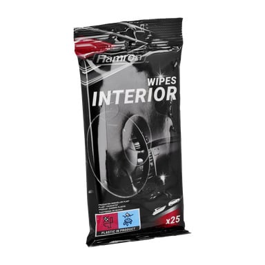 Ett svart plastpaket med Hamron Cleaning-dukar för interiörer 25-pack med rattgrafik. Förpackningen visar vit och röd text och ikoner, inklusive frasen för bilinteriörer.