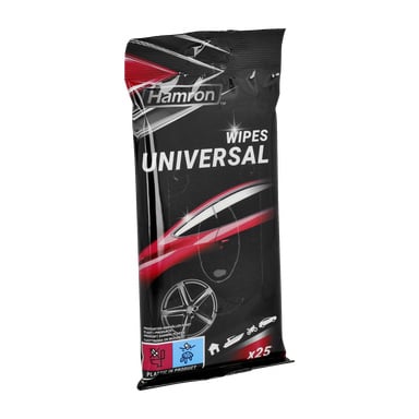 Ett svart Hamron Universal rengöringsdukspaket med modern design, ikoner för bil, motorcykel och motorcykel, en röd bilbild och texten 25 wipes inuti.