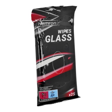 Ett svart Hamron 25-pack rengöringsdukar med röda och vita detaljer. Förpackningen är glaspåserad och innehåller 25 våtservetter. Den refererar också till plast.