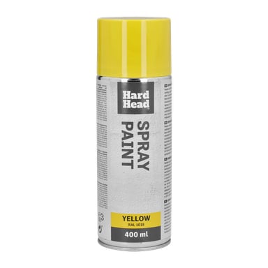 En 400 ml Hard Head sprayburk med gul lock och etikett har orden "SPRAY PAINT YELLOW RAL 1018" mot en vit och grå bakgrund.