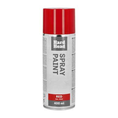 En 400 ml Hard Head spraylackburk med röd lock och en etikett som visar "RED RAL 3020." Etiketten innehåller produktdetaljer och säkerhetsinformation.