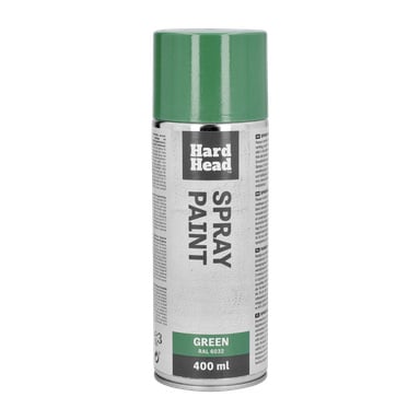En 400 ml Hard Head spraylackburk med grön lock och en etikett märkt "GREEN RAL 6032." Framsidan visar orden "SPRAY PAINT" som löper vertikalt.