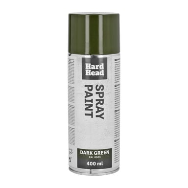 En 400 ml Hard Head sprayburk i mörkgrön RAL 6003, med grön lock och svart text på grå och vit bakgrund.