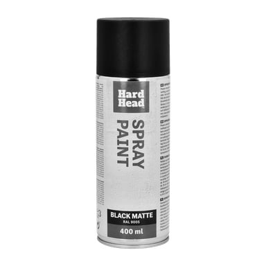 En 400 ml aerosolburk med Hard Head Sprayfärg i svart matt (RAL 9005), med svart lock och instruktioner tryckta på etiketten.