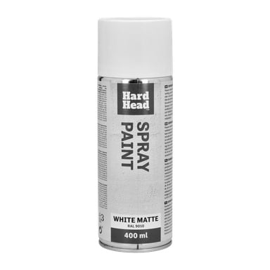 En 400 ml Hard Head sprayfärgsburk i matt vitt (RAL 9010), med silverfärgad kropp, vit lock och detaljer som produktinformation och användningsanvisningar tryckta på sidorna.